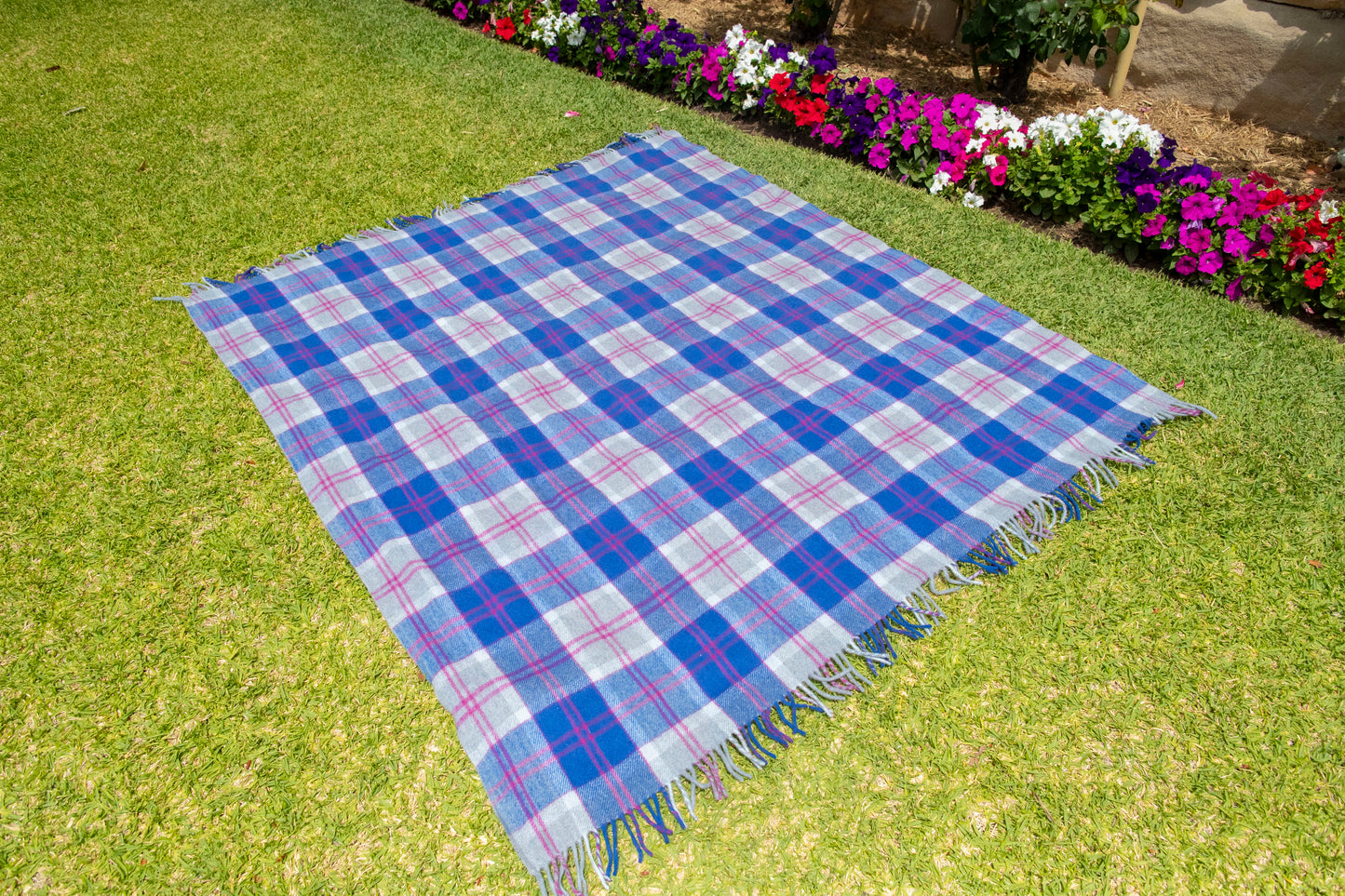 Wool Cerise and Blue Picnic Blanket